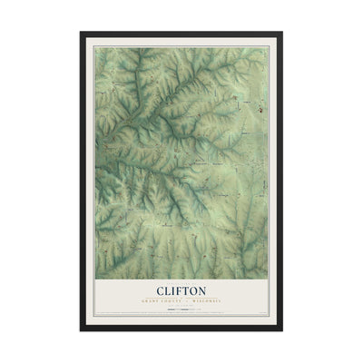 Map of Clifton, Grant County, Wisconsin, 12 x 18 inch print in a black wood frame