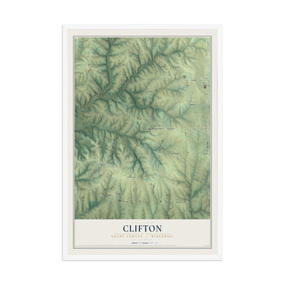 Map of Clifton, Grant County, Wisconsin, 12 x 18 inch print in a white wood frame