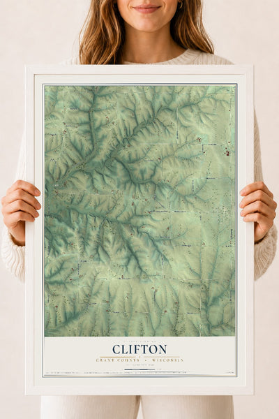 Map of Clifton, Grant County, Wisconsin, 18 x 24 inch print in a white wood frame
