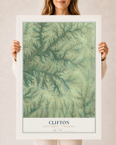 Map of Clifton, Grant County, Wisconsin, 24 x 36 inch print in a white wood frame