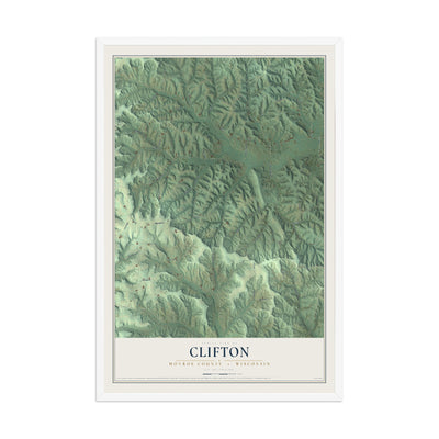 Map of Clifton, Monroe County, Wisconsin, 12 x 18 inch print in a white wood frame