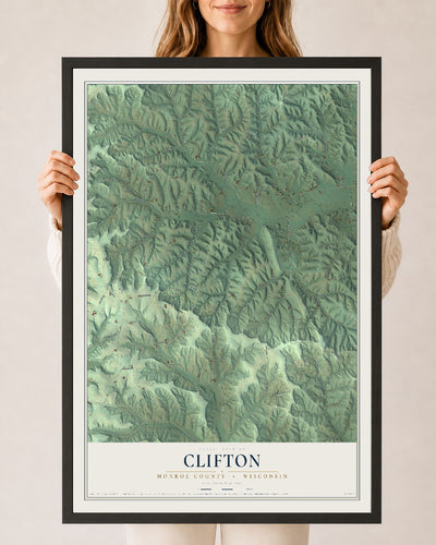 Map of Clifton, Monroe County, Wisconsin, 24 x 36 inch print in a black wood frame