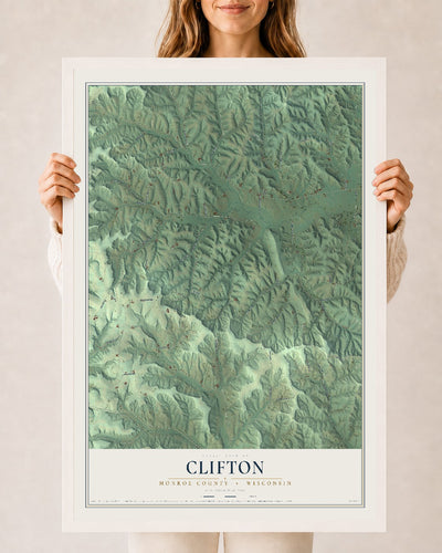 Map of Clifton, Monroe County, Wisconsin, 24 x 36 inch print in a white wood frame