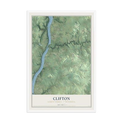 Map of Clifton, Pierce County, Wisconsin, 12 x 18 inch print in a white wood frame
