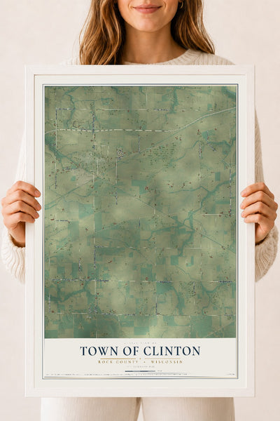 Map of the Town of Clinton, Rock County, Wisconsin, 18 x 24 inch print in a white wood frame