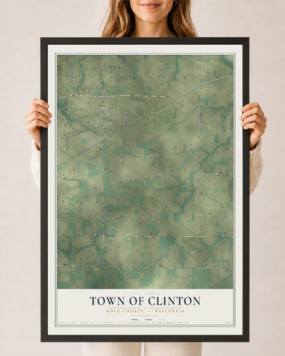 Map of the Town of Clinton, Rock County, Wisconsin, 24 x 36 inch print in a black wood frame