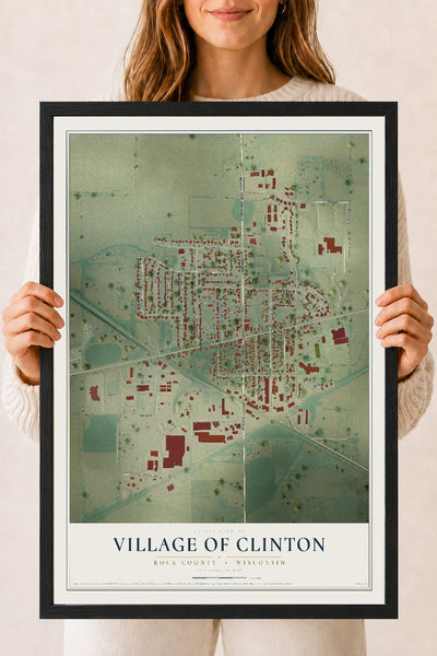 Map of Clinton, Wisconsin, 18 x 24 inch print in a black wood frame