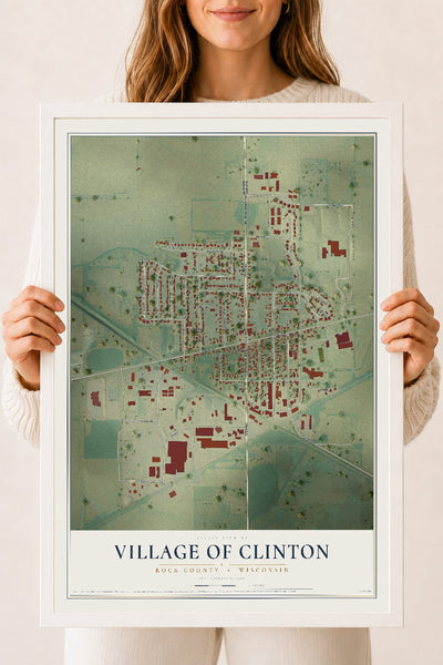Map of Clinton, Wisconsin, 18 x 24 inch print in a white wood frame