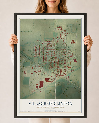 Map of Clinton, Wisconsin, 24 x 36 inch print in a black wood frame