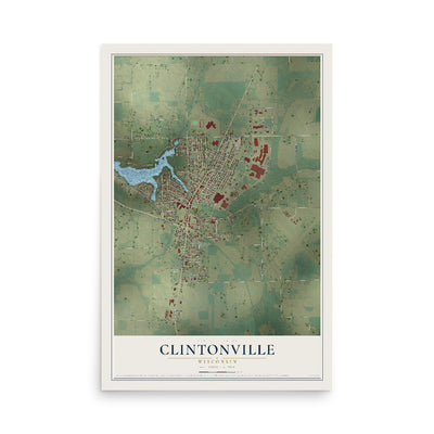 Map of Clintonville, Wisconsin, 12 x 18 inch unframed archival matte print