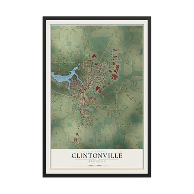 Map of Clintonville, Wisconsin, 12 x 18 inch print in a black wood frame