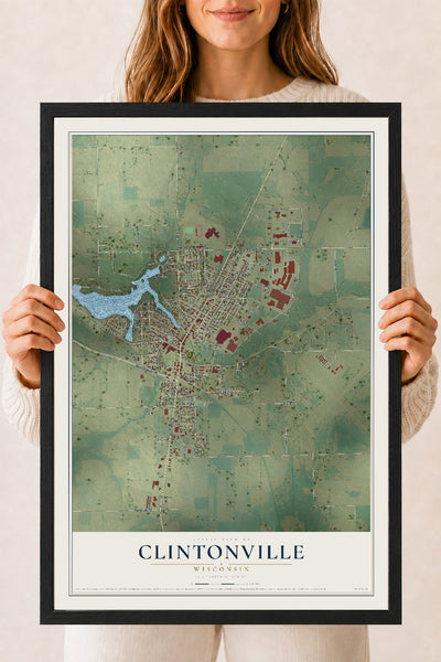 Map of Clintonville, Wisconsin, 18 x 24 inch print in a black wood frame