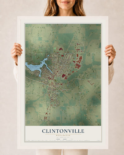 Map of Clintonville, Wisconsin, 24 x 36 inch print in a white wood frame