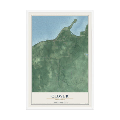 Map of Clover, Wisconsin, 12 x 18 inch print in a white wood frame