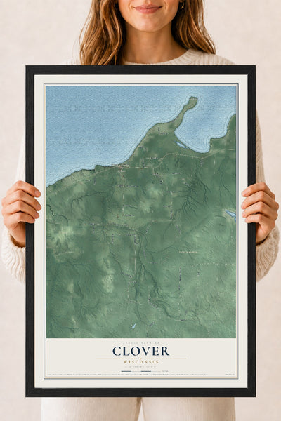Map of Clover, Wisconsin, 18 x 24 inch print in a black wood frame