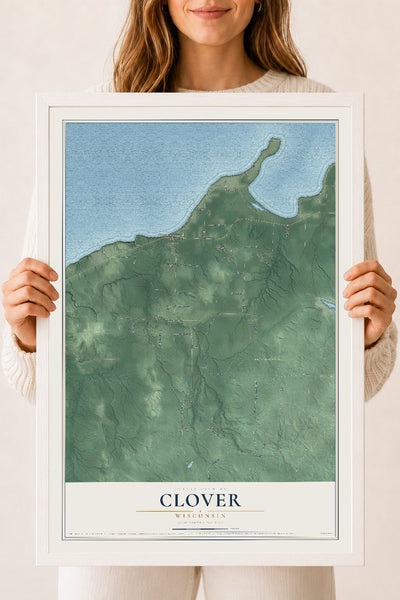 Map of Clover, Wisconsin, 18 x 24 inch print in a white wood frame