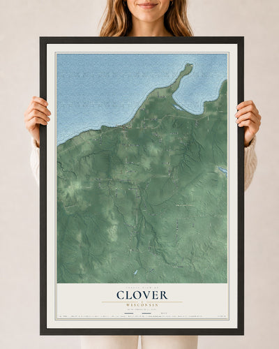 Map of Clover, Wisconsin, 24 x 36 inch print in a black wood frame