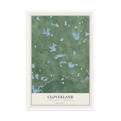 Map of Cloverland, Vilas County, Wisconsin, 12 x 18 inch print in a white wood frame