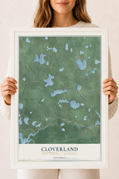 Map of Cloverland, Vilas County, Wisconsin, 18 x 24 inch print in a white wood frame