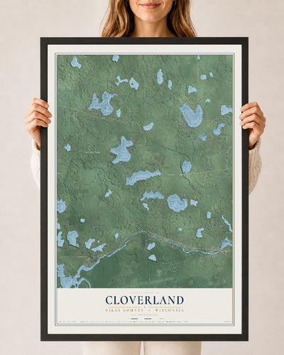 Map of Cloverland, Vilas County, Wisconsin, 24 x 36 inch print in a black wood frame