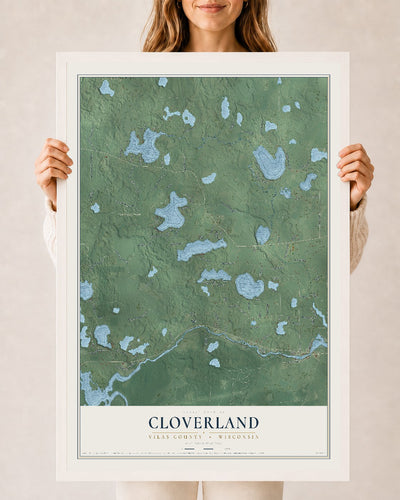Map of Cloverland, Vilas County, Wisconsin, 24 x 36 inch print in a white wood frame