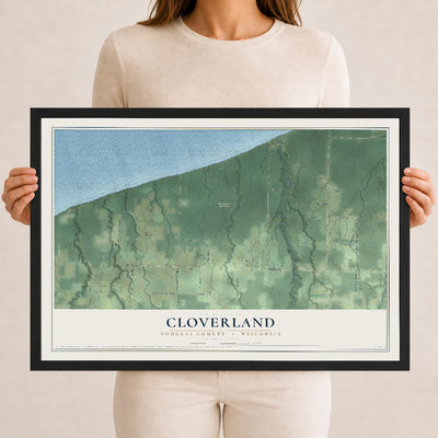 Map of Cloverland, Douglas County, Wisconsin, 12 x 18 inch print in a black wood frame