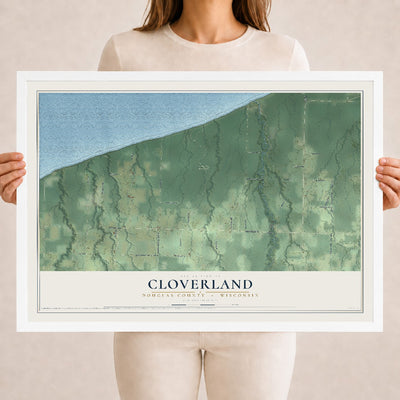 Map of Cloverland, Douglas County, Wisconsin, 18 x 24 inch print in a white wood frame