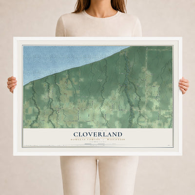 Map of Cloverland, Douglas County, Wisconsin, 24 x 36 inch print in a white wood frame