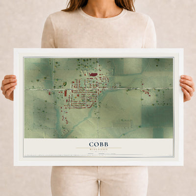 Map of Cobb, Wisconsin, 12 x 18 inch print in a white wood frame