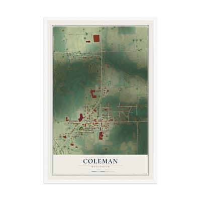 Map of Coleman, Wisconsin, 12 x 18 inch print in a white wood frame