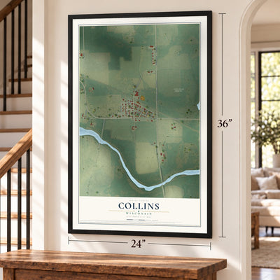 Collins, Wisconsin map, 24 x 36 inch print in a black frame by a staircase