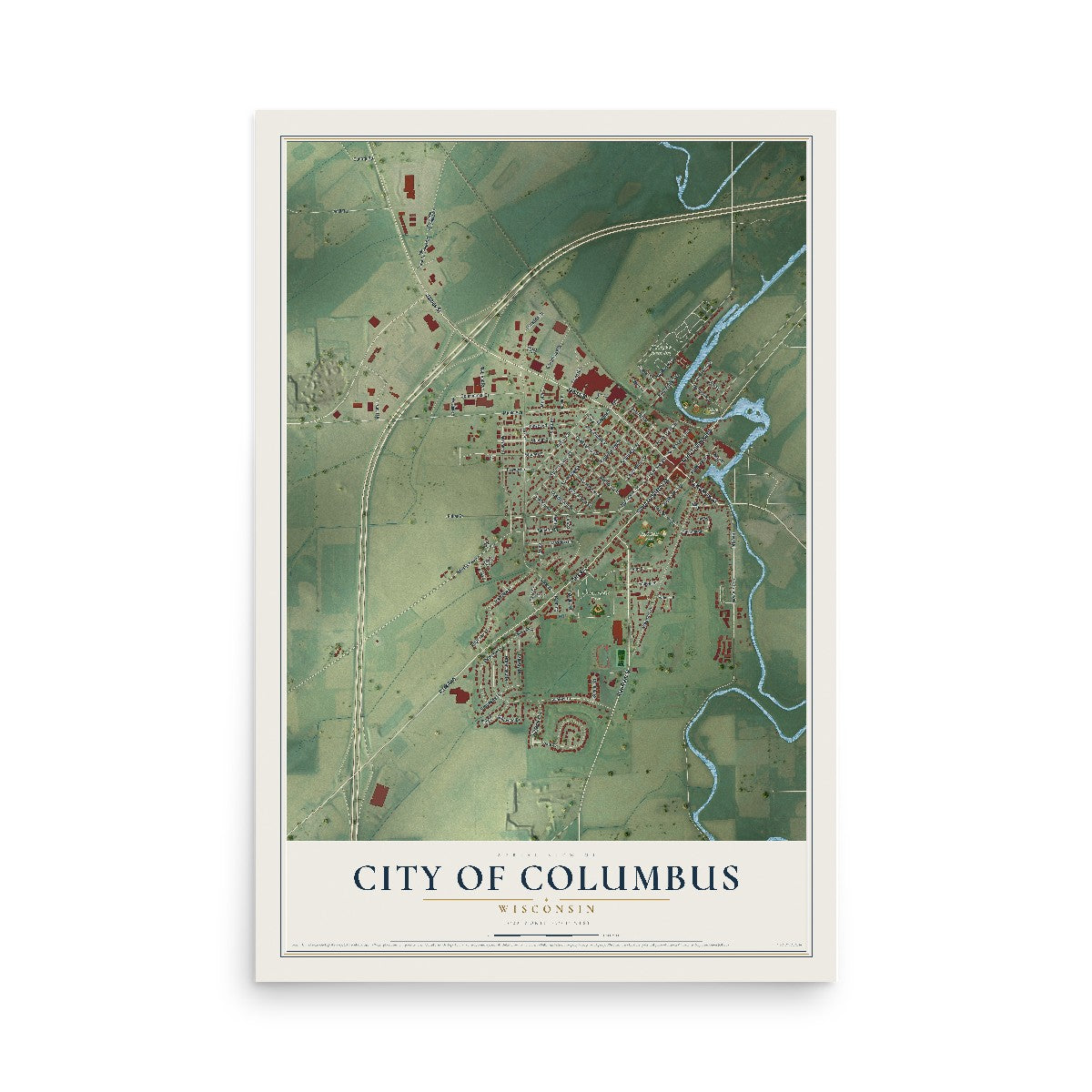 Map of Columbus, Wisconsin, 12 x 18 inch unframed archival matte print