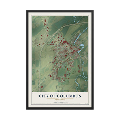 Map of Columbus, Wisconsin, 12 x 18 inch print in a black wood frame