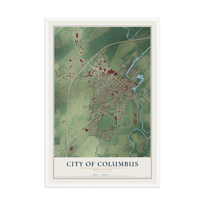 Map of Columbus, Wisconsin, 12 x 18 inch print in a white wood frame