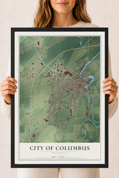 Map of Columbus, Wisconsin, 18 x 24 inch print in a black wood frame
