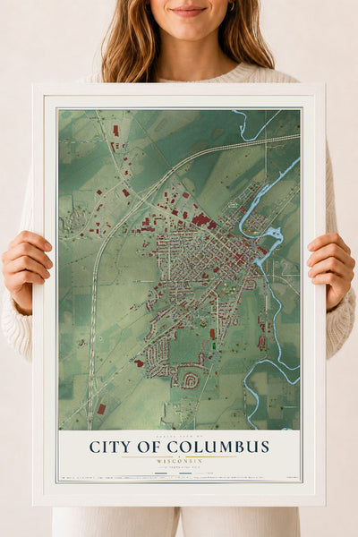 Map of Columbus, Wisconsin, 18 x 24 inch print in a white wood frame