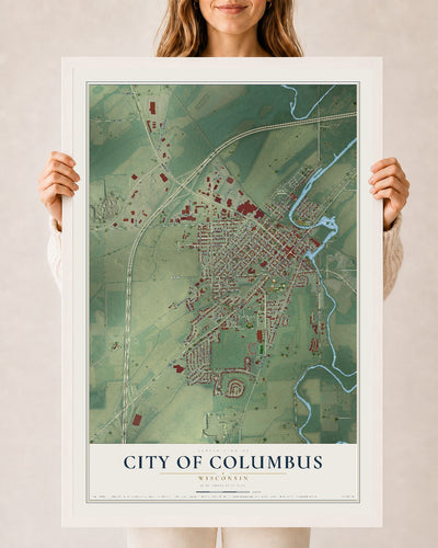Map of Columbus, Wisconsin, 24 x 36 inch print in a white wood frame
