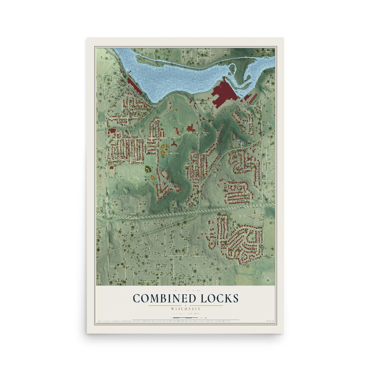 Map of Combined Locks, Wisconsin, 12 x 18 inch unframed archival matte print