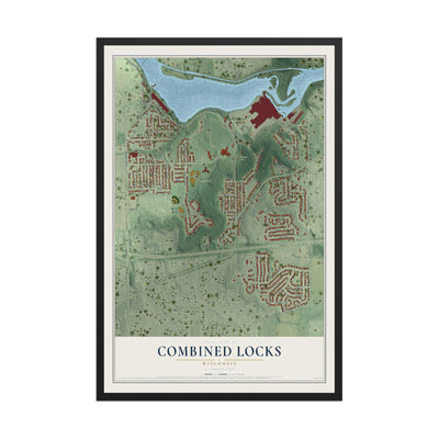 Map of Combined Locks, Wisconsin, 12 x 18 inch print in a black wood frame