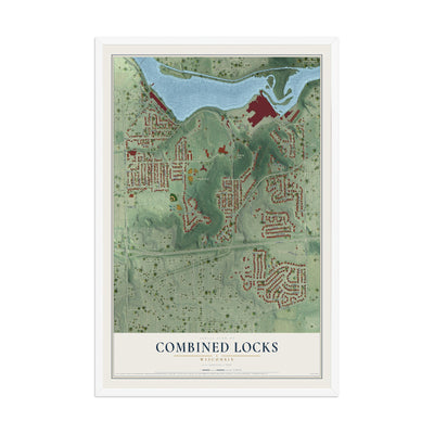 Map of Combined Locks, Wisconsin, 12 x 18 inch print in a white wood frame