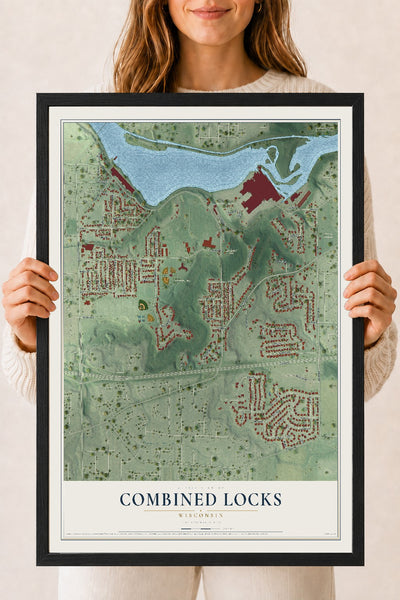 Map of Combined Locks, Wisconsin, 18 x 24 inch print in a black wood frame