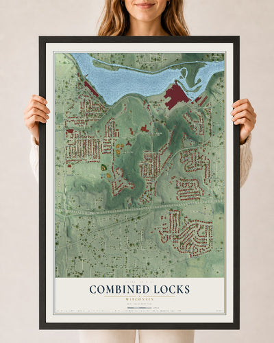 Map of Combined Locks, Wisconsin, 24 x 36 inch print in a black wood frame