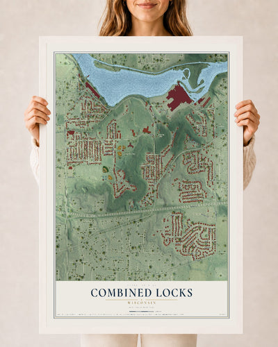 Map of Combined Locks, Wisconsin, 24 x 36 inch print in a white wood frame