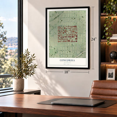 Concordia, Wisconsin map, 18 x 24 inch print in a black frame in a home office