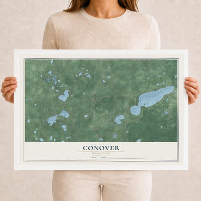Map of Conover, Wisconsin, 12 x 18 inch print in a white wood frame