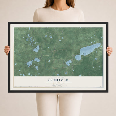 Map of Conover, Wisconsin, 24 x 36 inch print in a black wood frame