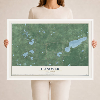 Map of Conover, Wisconsin, 24 x 36 inch print in a white wood frame