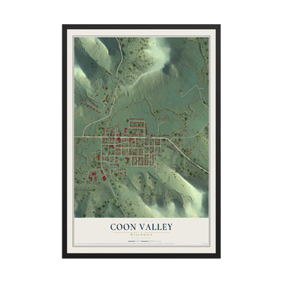 Map of Coon Valley, Wisconsin, 12 x 18 inch print in a black wood frame