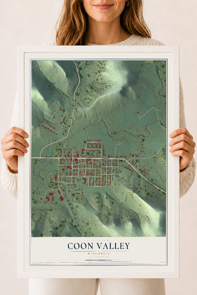 Map of Coon Valley, Wisconsin, 18 x 24 inch print in a white wood frame