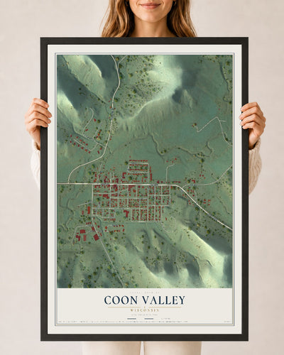 Map of Coon Valley, Wisconsin, 24 x 36 inch print in a black wood frame